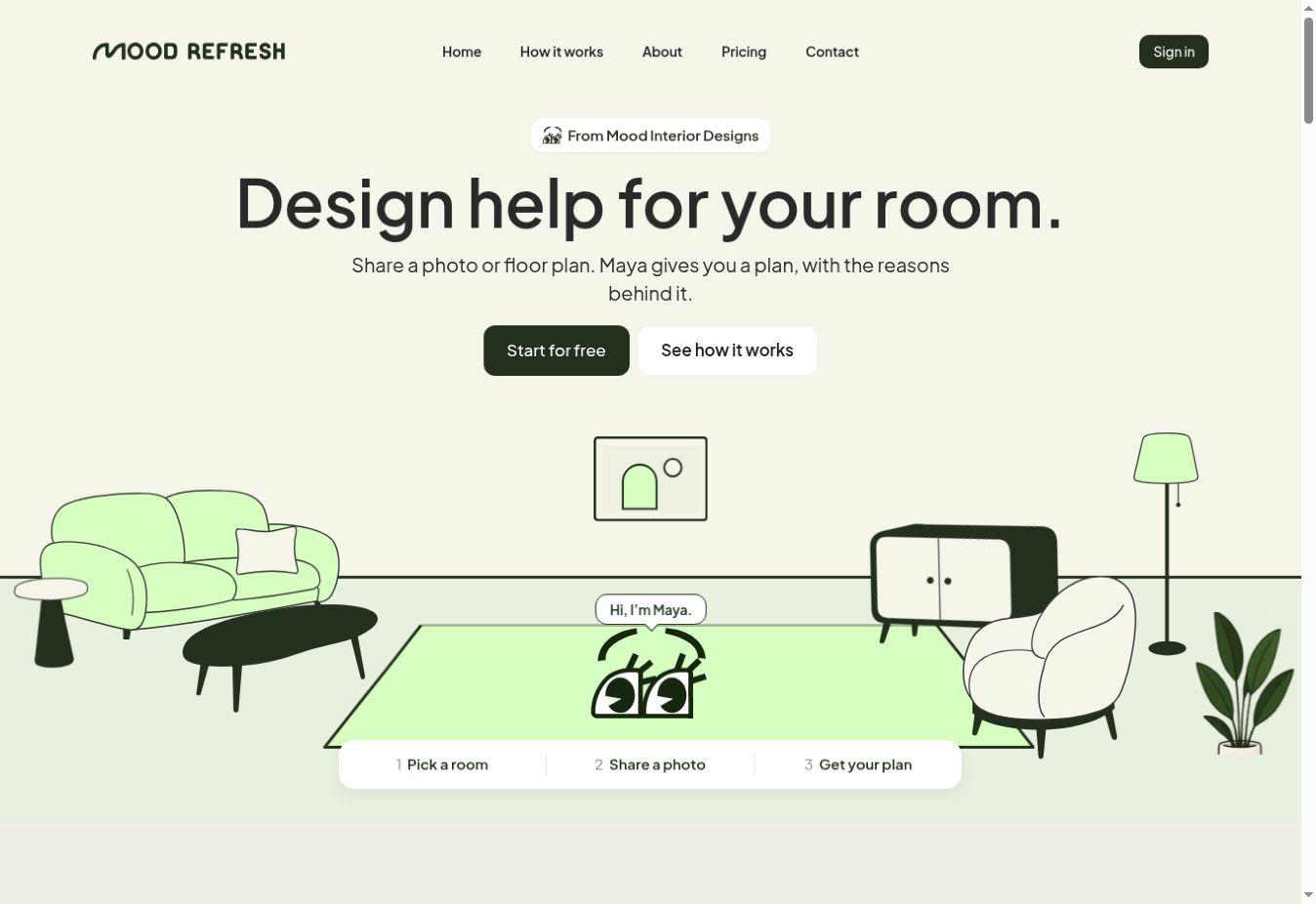 Mood Refresh — Homepage framing the journey as pick a room, share a photo, get your plan (1 of 7)